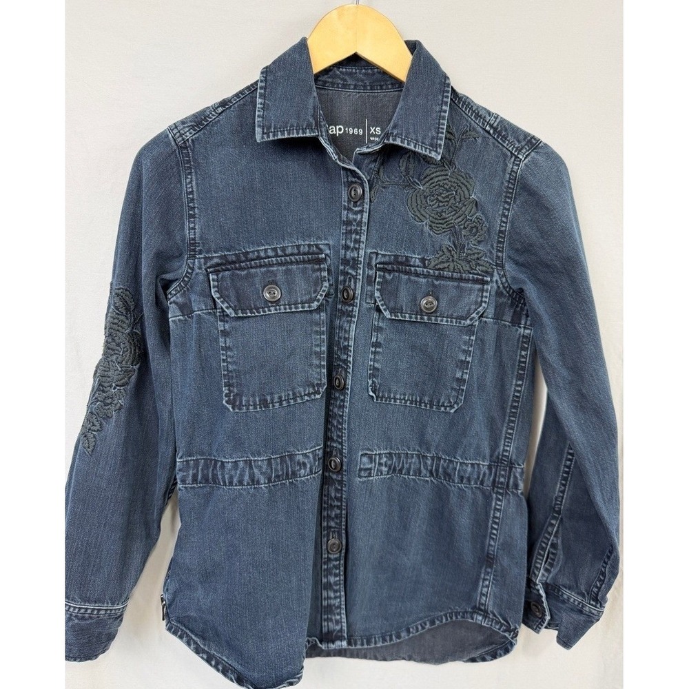Gap 1969 Embroidered Floral Denim Utility Jacket Dark Wash XS